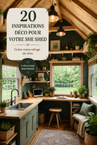 Un she shed décoré avec des couleurs douces et des plantes dans un jardin.