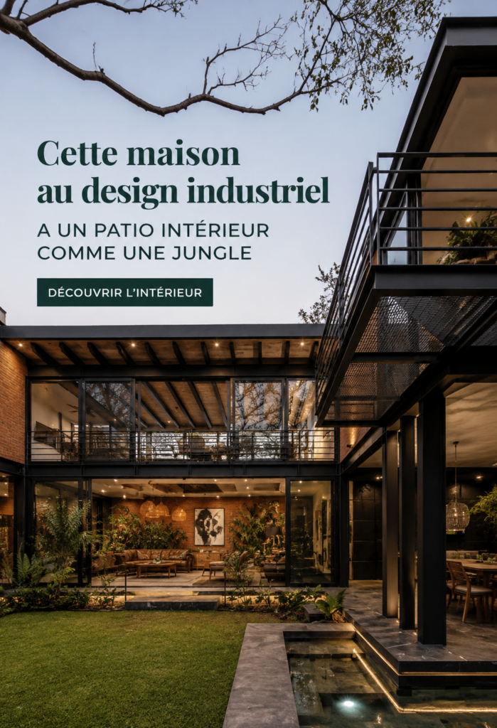 Maison au design industriel avec un patio verdoyant luxuriant