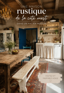 Maison rustique inspirée d'un ancien moulin avec éléments naturels et chaleureux.