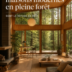 Maison moderne en bois avec vue sur la forêt.