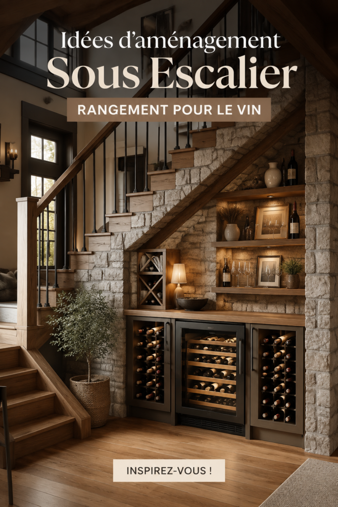 Idées de rangement créatif et esthétique sous un escalier avec un bar à vin