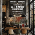 Salle à manger industrielle avec meubles en bois brut et éléments en métal, création d'une ambiance chaleureuse.