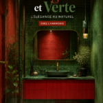 Salle de bain moderne décorée avec des éléments rouges et verts réchauffant l'espace.