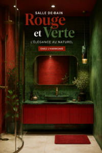 Salle de bain moderne décorée avec des éléments rouges et verts réchauffant l'espace.