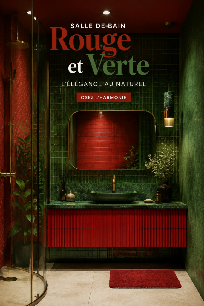 Salle de bain moderne décorée avec des éléments rouges et verts réchauffant l'espace.
