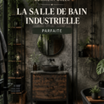 Salle de bain industrielle avec des éléments en métal et brique, créant une ambiance chaleureuse.