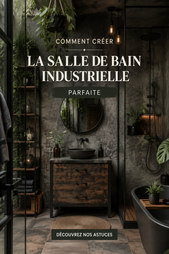 Salle de bain industrielle avec des éléments en métal et brique, créant une ambiance chaleureuse.