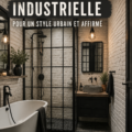 Salle de bain moderne au style industriel avec éléments métalliques et bois.