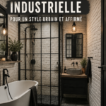 Salle de bain moderne au style industriel avec éléments métalliques et bois.