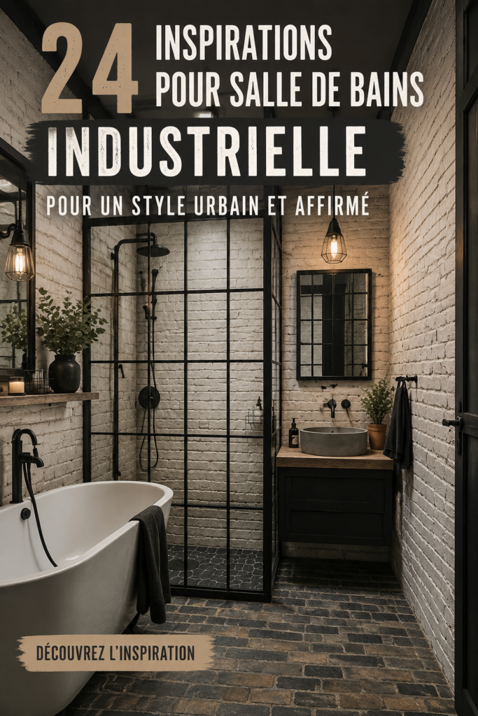 Salle de bain moderne au style industriel avec éléments métalliques et bois.