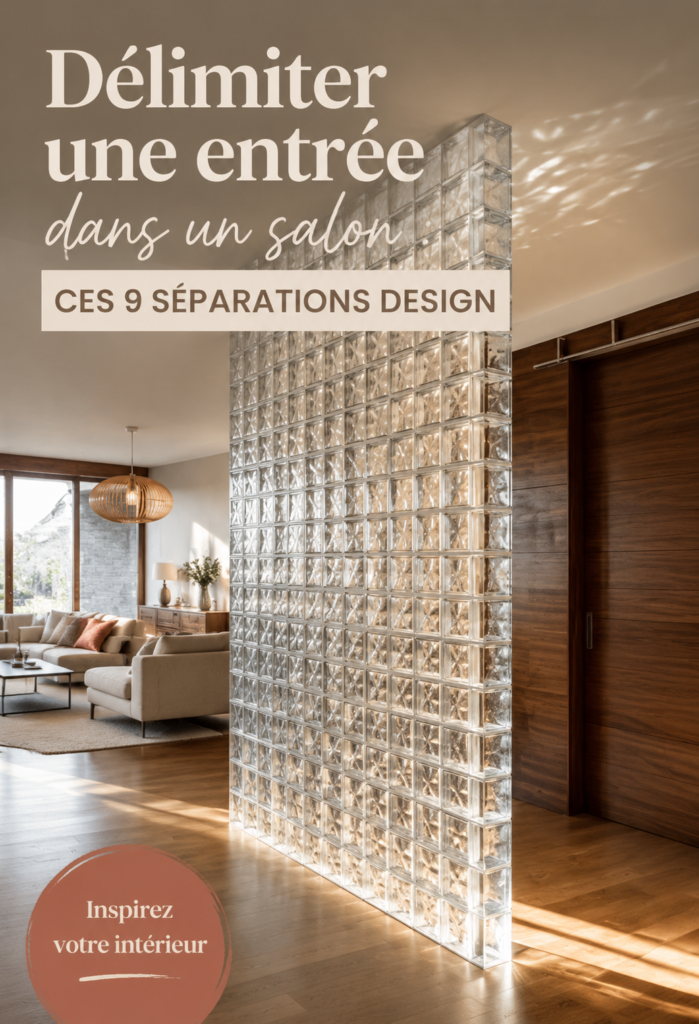 Salon moderne avec une séparation élégante délimitant l'entrée, stylisé avec des plantes et des meubles accueillants.