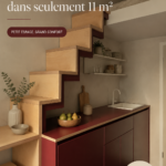 Aménagement d'un micro-appartement de 11 m² avec un coin salon et un espace bureau.