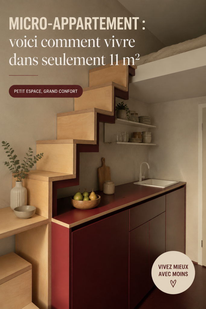 Aménagement d'un micro-appartement de 11 m² avec un coin salon et un espace bureau.
