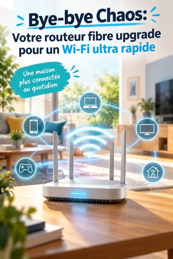 Un routeur moderne sur une table avec un salon décoré.