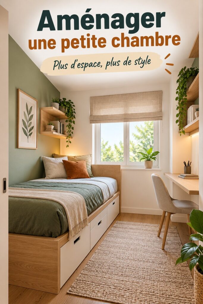 Petite chambre lumineuse aménagée avec des meubles multifonctionnels et des couleurs claires.