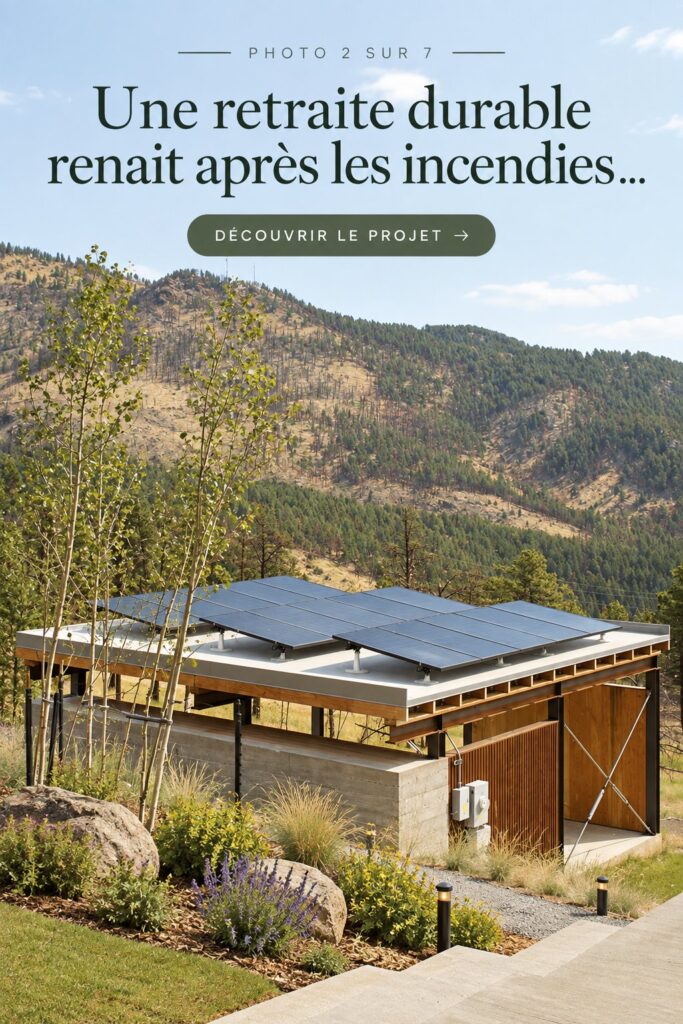 Un refuge écoresponsable rénové après un incendie, mettant en avant des matériaux durables et un design chaleureux.