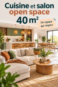 Aménagement d'un open space cuisine-salon de 40 m² avec une décoration chaleureuse.