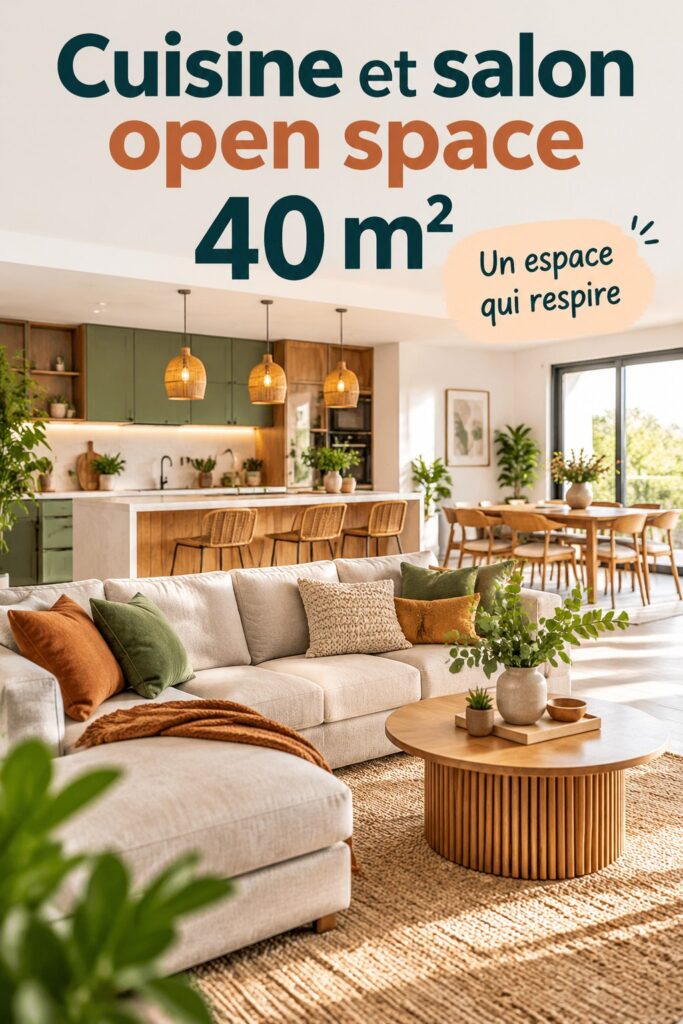 Aménagement d'un open space cuisine-salon de 40 m² avec une décoration chaleureuse.