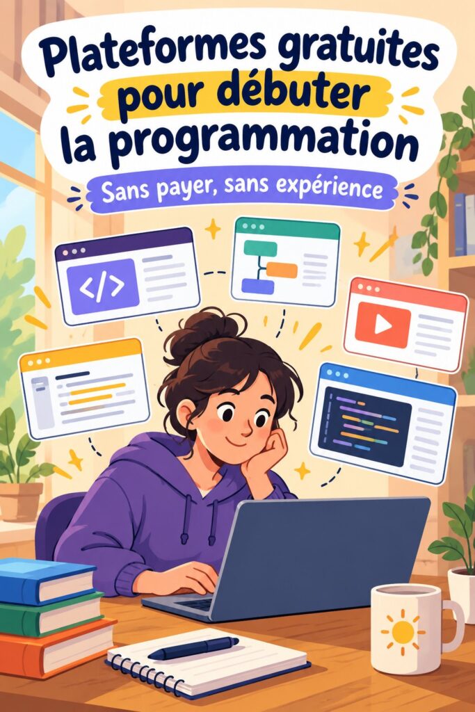Une femme devant un ordinateur, apprenant la programmation en ligne.