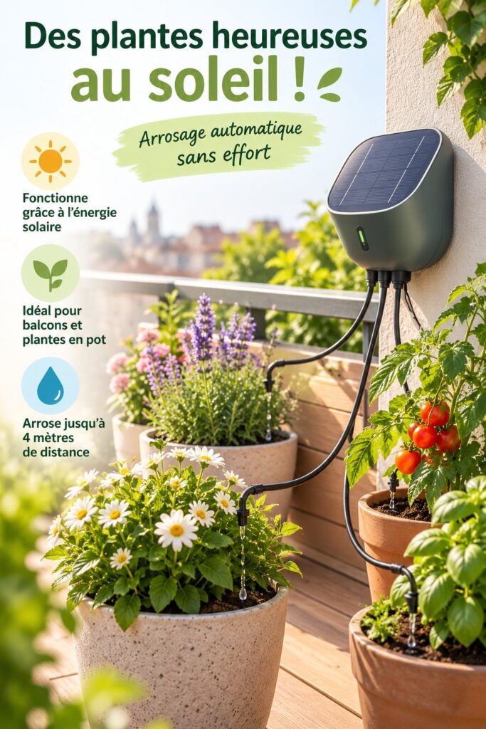 Système d'arrosage solaire installé sur un balcon fleuri