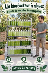 Bioreacteur à algues fabriqué avec des bouteilles recyclées dans un intérieur chaleureux
