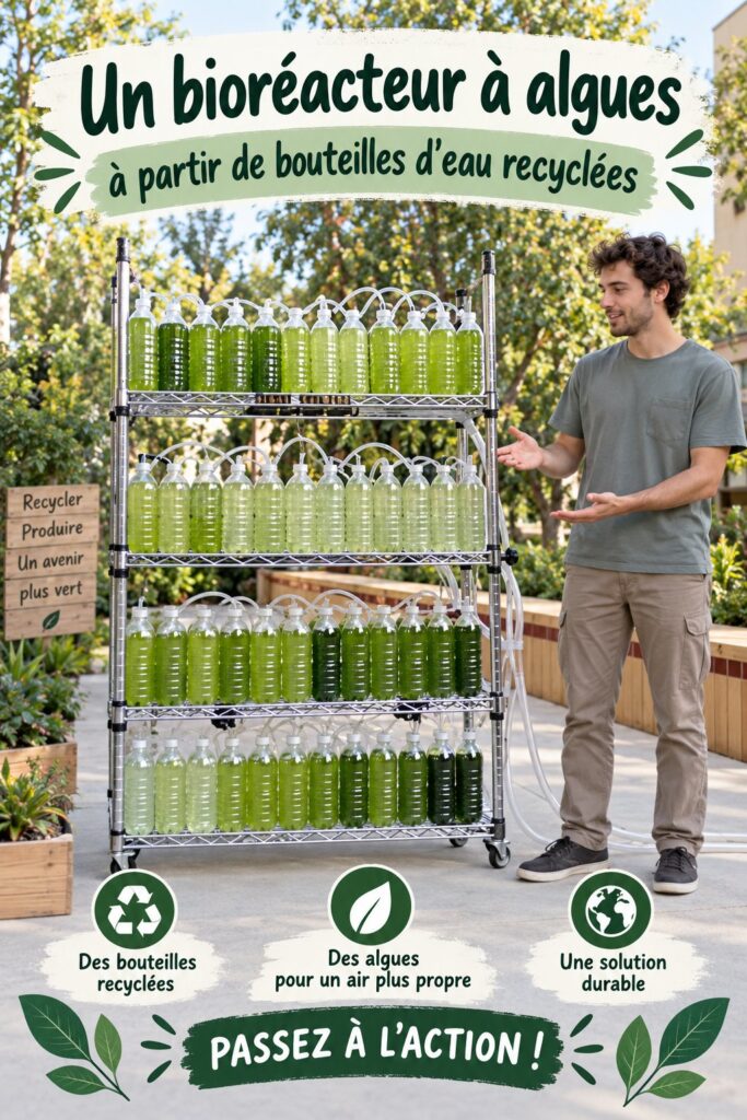 Bioreacteur à algues fabriqué avec des bouteilles recyclées dans un intérieur chaleureux