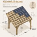 Carport en bois moderne intégrant des panneaux solaires dans un jardin.