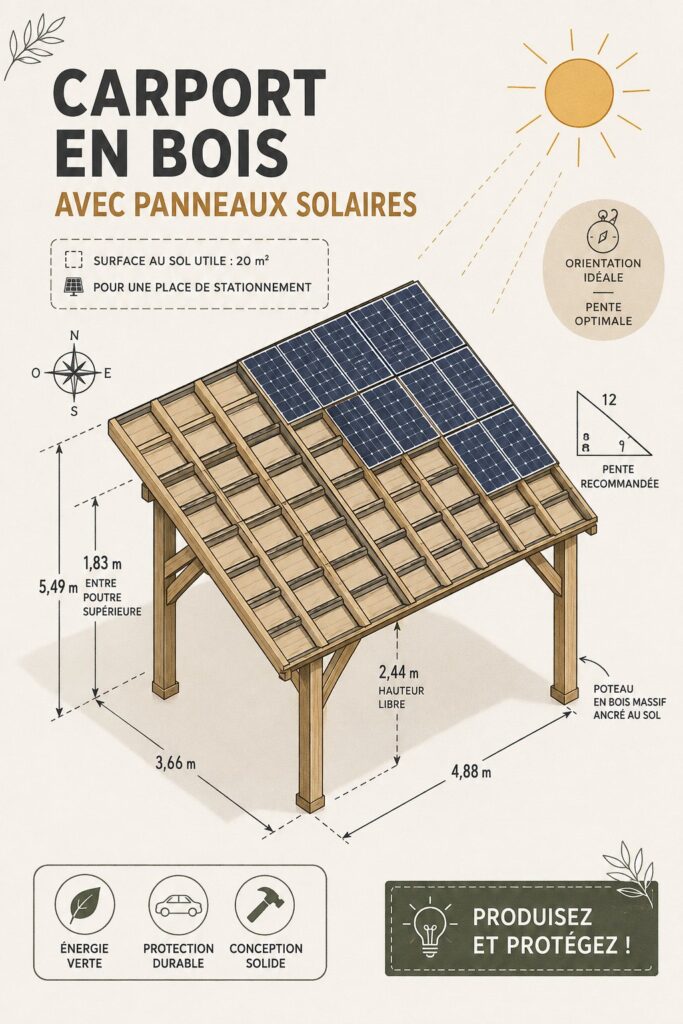 Carport en bois moderne intégrant des panneaux solaires dans un jardin.