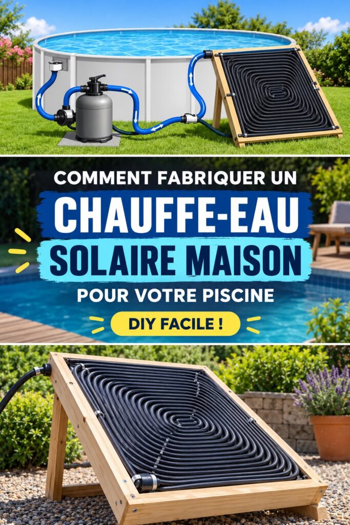 Chauffe-eau solaire installé à côté d'une piscine dans un jardin ensoleillé.