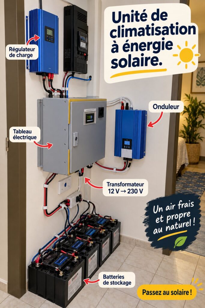Climatisation solaire installée sur une maison moderne, apportant fraîcheur pendant l'été.