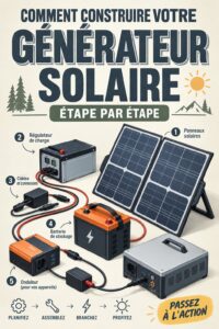 Générateur solaire auto-construit dans un jardin, portant des panneaux solaires bien visibles.