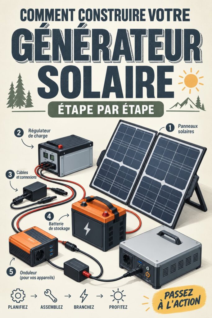 Générateur solaire auto-construit dans un jardin, portant des panneaux solaires bien visibles.
