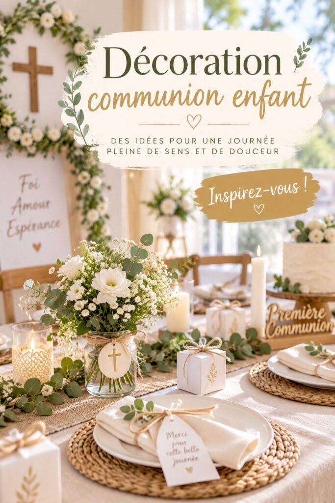 Décoration chaleureuse pour la communion d'un enfant, incluant des éléments floraux et une belle table dressée.