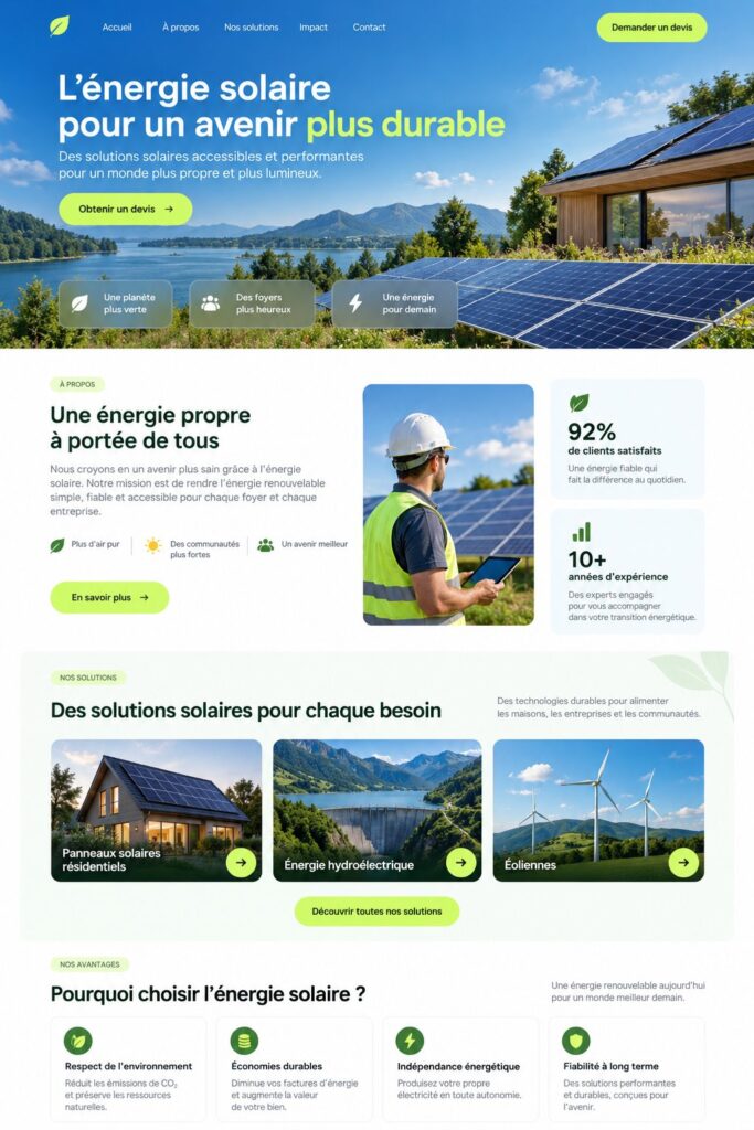 Design de page captivant pour promouvoir l'énergie solaire en décoration intérieure.