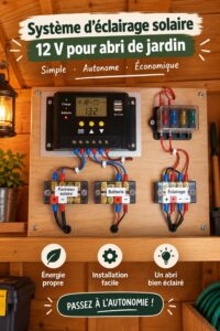 Un abri de jardin éclairé avec des lampes solaires 12V créant une ambiance chaleureuse.