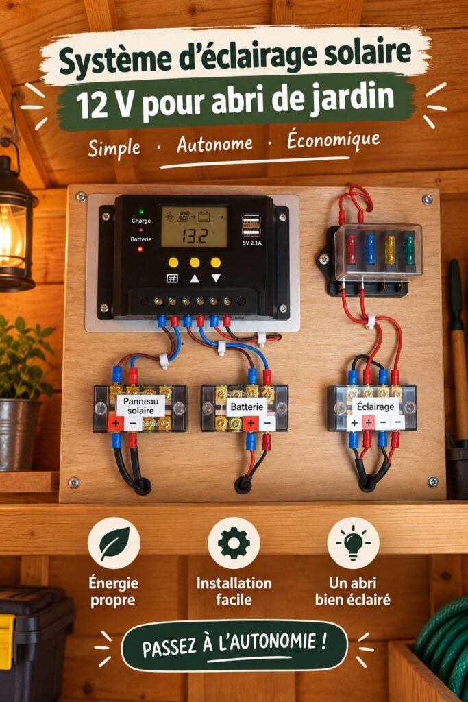 Un abri de jardin éclairé avec des lampes solaires 12V créant une ambiance chaleureuse.