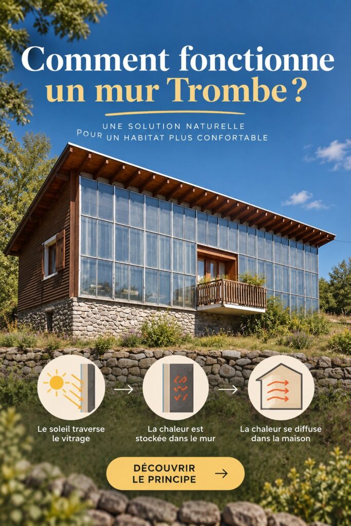 Un mur Trombe injecte de la chaleur dans une maison moderne avec des grandes fenêtres.