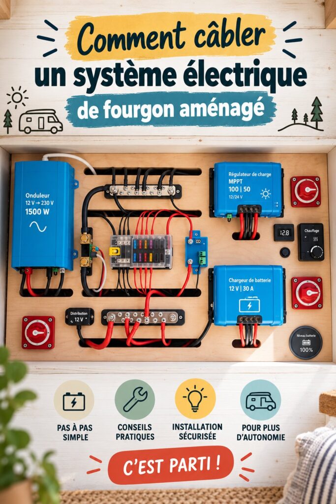 Installation électrique dans un fourgon aménagé avec des outils adaptés.