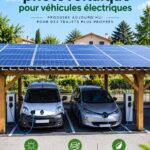 Une ombrière photovoltaïque installée dans un jardin, recharging une voiture électrique.