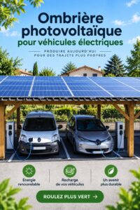 Une ombrière photovoltaïque installée dans un jardin, recharging une voiture électrique.