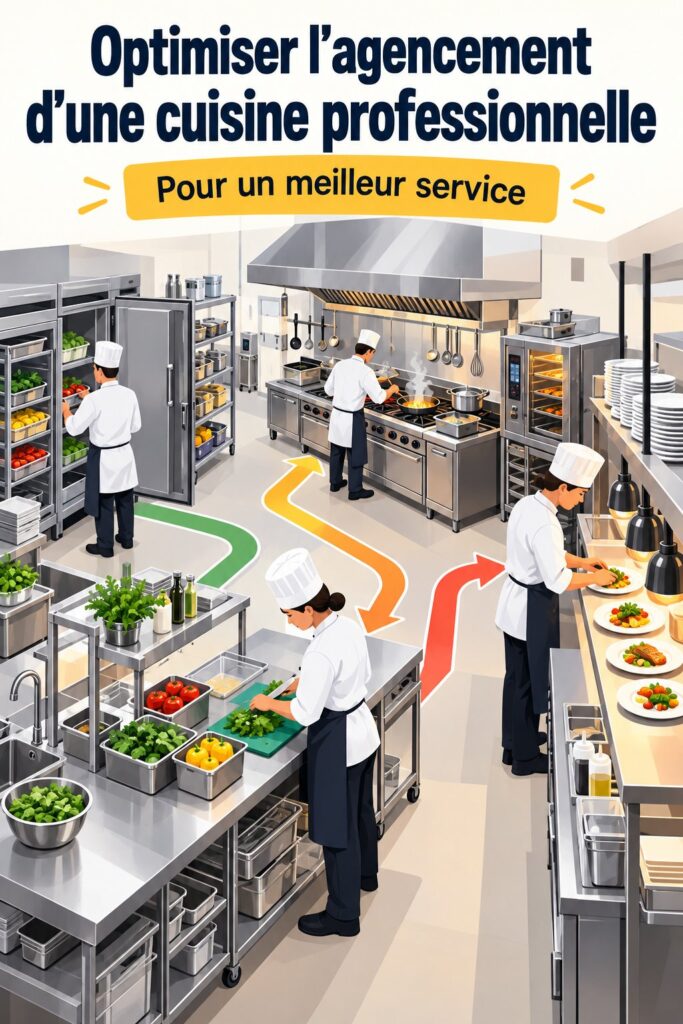 Cuisine professionnelle bien agencée montrant une circulation fluide