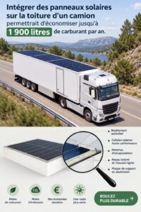 Camion avec panneaux solaires sur le toit, offrant une solution écologique pour économiser du carburant.