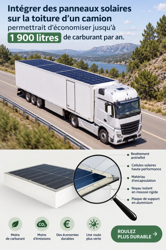 Camion avec panneaux solaires sur le toit, offrant une solution écologique pour économiser du carburant.