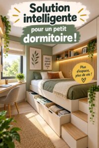 Chambre petite mais bien aménagée avec des rangements intelligents et des couleurs claires.