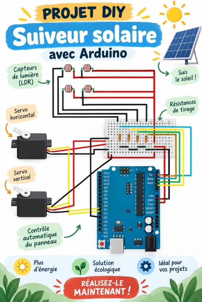 Un suiveur solaire en fonctionnement, axé sur une disposition de panneaux solaires utilisant Arduino.
