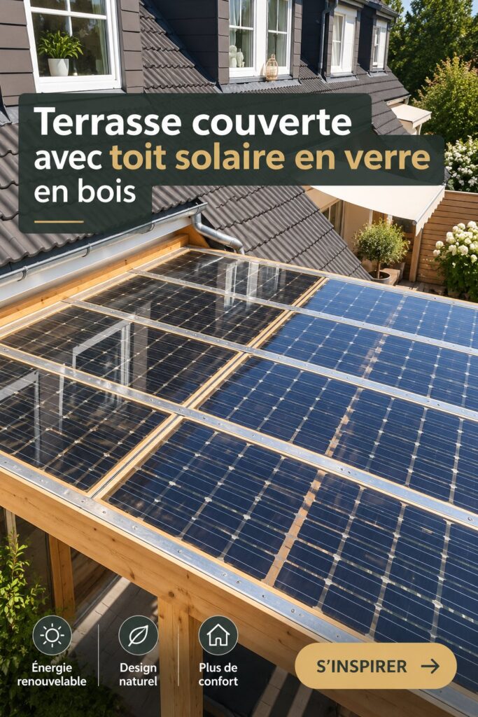 Toiture en verre sur une terrasse en bois, alliant modernité et confort lumineux.