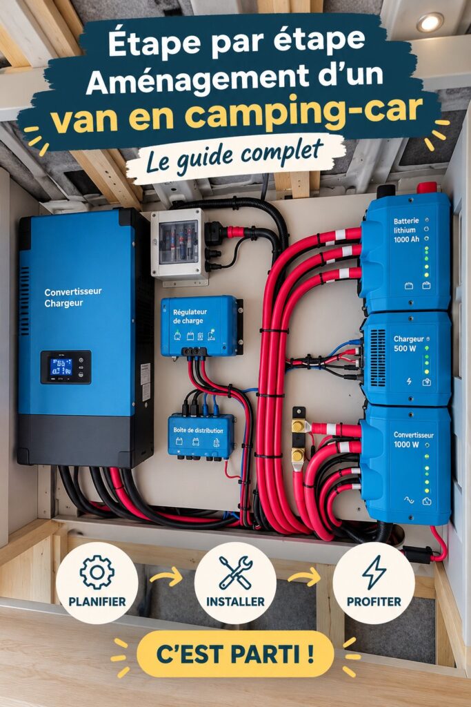 Van aménagé avec un intérieur confortable et chaleureux, prêt pour l'aventure.