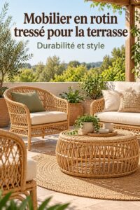 Un salon moderne avec des meubles en rotin apportant chaleur et texture.