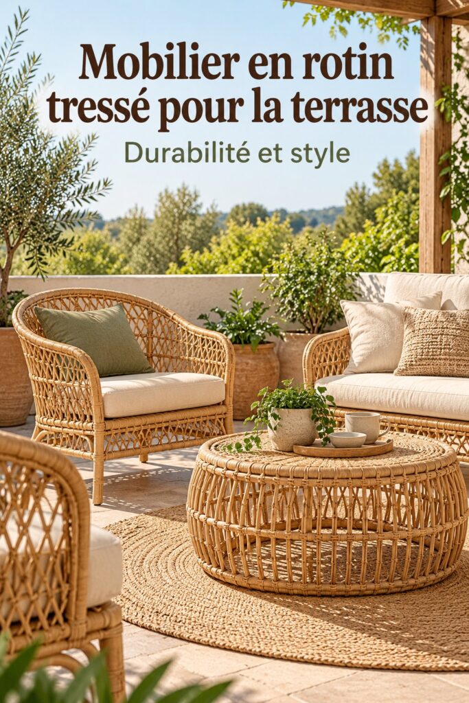 Un salon moderne avec des meubles en rotin apportant chaleur et texture.