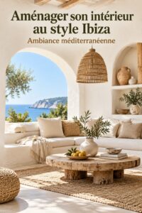 Intérieur chaleureux aménagé dans un style Ibiza avec des couleurs douces et des matériaux naturels.